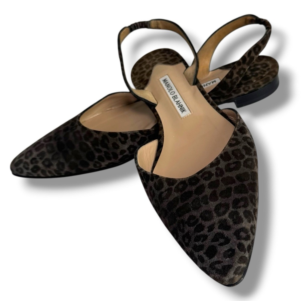 Manolo Blahnik Leopard Suede Slingback Flats 37.5 Pointed Toe Gray Italy